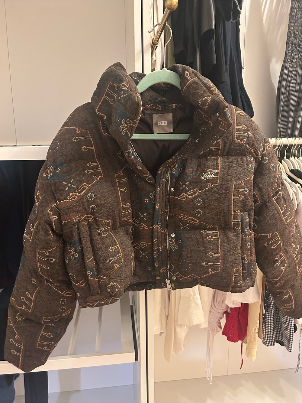 Kith Brown Patterned Cropped Puffer Jacket with Teal Accents